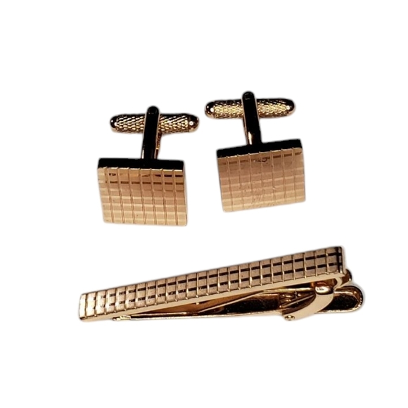 Cufflinks and Tie Clip Set Rose Gold Tone Metal Wedding Formal Tux - Picture 8 of 9